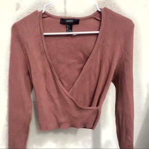 Deep v neck faux wrap ribbed crop top sweater